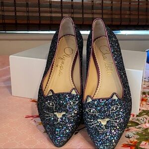 Charlotte Olympia Glitter Cat Flats - Black and Purple